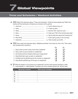 UNIT 7 • Video Worksheet VW21
A Watch the interviews about “Times and schedules.” What do these people say? Match the
names with the sentences. Compare your answers with a partner.
1. José Luis
2. Hana
3. Reda
4. Dave
5. Paula
6. Woo Sung
7. Catherine
a. “I go to sleep at two AM.”
b. “I wake up early . . .”
c. “Around 7:30, I leave for work . . .”
d. “I get up at 7:00 in the morning every day.”
e. “I go to class from about ten to about five.”
f. “I don’t get up early in the morning.”
g. “I like to wake up at 9:00 . . .”
B Now watch the interviews about “Weekend activities” and check (✓) Yes or No. Then check
your answers with a partner’s.
Yes No
1. Does José Luis like to stay home every weekend?
2. Does José Luis go to parties on weekends?
3. Do Kumiko and her husband often go to restaurants?
4. Does Brad like to get up early on weekends?
5. Do Brad and his girlfriend go to the movies on weekends?
6. Does Brad’s girlfriend go to the gym on weekends?
❏ ❏
❏ ❏
❏ ❏
❏ ❏
❏ ❏
❏ ❏
C group
What do people in your group do on weekends? List the most popular activities in order
(1 = most popular 5 = least popular). Compare your list to another group’s list. Tell the class.
My group’s activities Other group’s activities
1.
2.
3.
4.
5.
7Global Viewpoints
Times and Schedules / Weekend Activities
 
