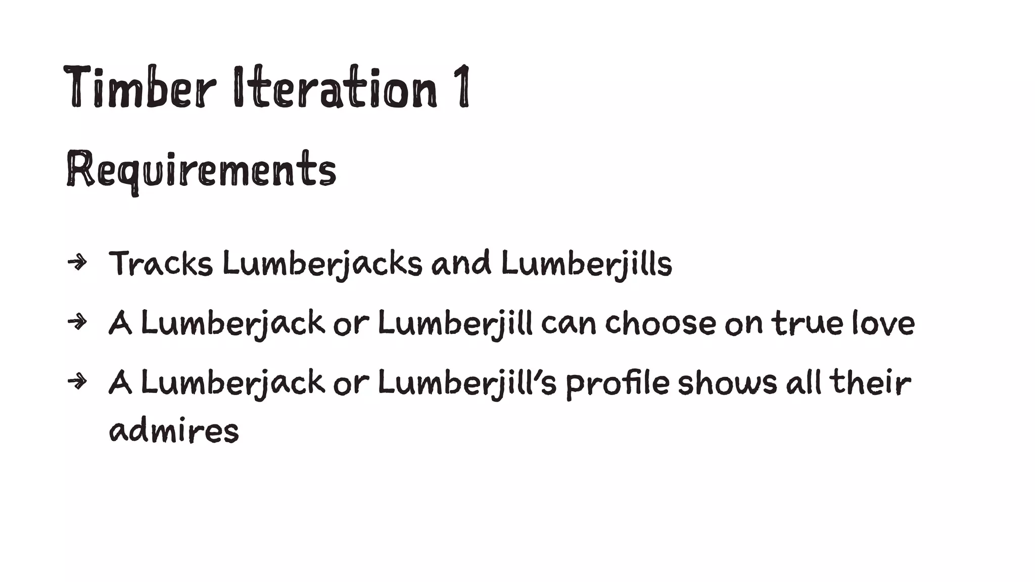 Timber Iteration 1 
Requirements 
4 Tracks Lumberjacks and Lumberjills 
4 A Lumberjack or Lumberjill can choose on true love 
4 A Lumberjack or Lumberjill's profile shows all their 
admires 
 