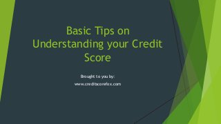 Basic Tips on
Understanding your Credit
Score
Brought to you by:
www.creditscorefox.com

 
