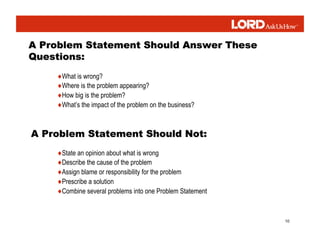 10
♦What is wrong?
♦Where is the problem appearing?
♦How big is the problem?
♦What’s the impact of the problem on the business?
♦State an opinion about what is wrong
♦Describe the cause of the problem
♦Assign blame or responsibility for the problem
♦Prescribe a solution
♦Combine several problems into one Problem Statement
 