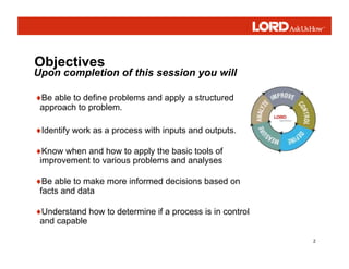2
Objectives
Upon completion of this session you will
♦Be able to define problems and apply a structured
approach to problem.
♦Identify work as a process with inputs and outputs.
♦Know when and how to apply the basic tools of
improvement to various problems and analyses
♦Be able to make more informed decisions based on
facts and data
♦Understand how to determine if a process is in control
and capable
 