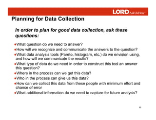 50
Planning for Data Collection
♦What question do we need to answer?
♦How will we recognize and communicate the answers to the question?
♦What data analysis tools (Pareto, histogram, etc.) do we envision using,
and how will we communicate the results?
♦What type of data do we need in order to construct this tool an answer
this question?
♦Where in the process can we get this data?
♦Who in the process can give us this data?
♦How can we collect this data from these people with minimum effort and
chance of error
♦What additional information do we need to capture for future analysis?
In order to plan for good data collection, ask these
questions:
 