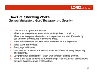 20
How Brainstorming Works
1. Choose the subject for brainstorm.
2. Make sure everyone understands what the problem or top...