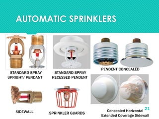 AUTOMATIC SPRINKLERS
STANDARD SPRAY
UPRIGHT/ PENDANT
STANDARD SPRAY
RECESSED PENDENT
SPRINKLER GUARDS
PENDENT CONCEALED
Concealed Horizontal
Extended Coverage Sidewall
SIDEWALL
21
 