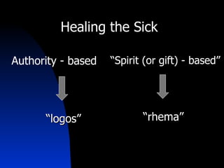 Authority - based “ Spirit (or gift) - based” Healing the Sick “ logos” “ rhema” 