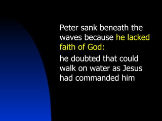 Peter sank beneath the waves because  he lacked faith of God:  he doubted that could walk on water as Jesus had commanded him  