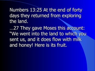Numbers 13:25 At the end of forty days they returned from exploring the land.  … 27 They gave Moses this account: “We went into the land to which you sent us, and it does flow with milk and honey! Here is its fruit.  