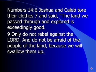 Numbers 14:6 Joshua and Caleb tore their clothes 7 and said, “The land we passed through and explored is exceedingly good.  9 Only do not rebel against the LORD. And do not be afraid of the people of the land, because we will swallow them up.  
