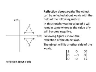 Reflection about x-axis: The object
can be reflected about x-axis with the
help of the following matrix:
In this transformation value of x will
remain same whereas the value of y
will become negative.
Following figures shows the
reflection of the object axis.
The object will lie another side of the
x-axis.
Reflection about x-axis
 