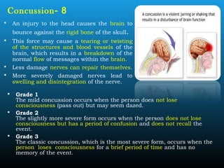 8-Concussion
 An injury to the head causes the brain to
bounce against the rigid bone of the skull.
 This force may cause a tearing or twisting
of the structures and blood vessels of the
brain, which results in a breakdown of the
normal flow of messages within the brain.
 Less damage nerves can repair themselves.
 More severely damaged nerves lead to
swelling and disintegration of the nerve.
 Grade 1
The mild concussion occurs when the person does not lose
consciousness (pass out) but may seem dazed.
 Grade 2
The slightly more severe form occurs when the person does not lose
consciousness but has a period of confusion and does not recall the
event.
 Grade 3
The classic concussion, which is the most severe form, occurs when the
person loses consciousness for a brief period of time and has no
memory of the event.
 