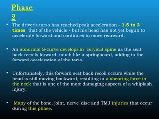 Phase
2
 The driver's torso has reached peak acceleration - 1.5 to 2
times that of the vehicle - but his head has not yet begun to
accelerate forward and continues to move rearward.
 An abnormal S-curve develops in cervical spine as the seat
back recoils forward, much like a springboard, adding to the
forward acceleration of the torso.
 Unfortunately, this forward seat back recoil occurs while the
head is still moving backward, resulting in a shearing force in
the neck that is one of the more damaging aspects of a whiplash
injury.
 Many of the bone, joint, nerve, disc and TMJ injuries that occur
during this phase.
 