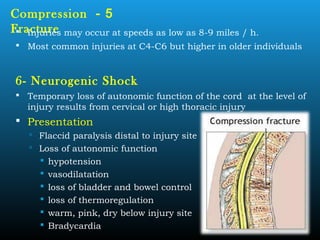 5-Compression
Fracture Injuries may occur at speeds as low as 8-9 miles / h.
 Most common injuries at C4-C6 but higher in older individuals
6- Neurogenic Shock
 Temporary loss of autonomic function of the cord at the level of
injury results from cervical or high thoracic injury
 Presentation
 Flaccid paralysis distal to injury site
 Loss of autonomic function
 hypotension
 vasodilatation
 loss of bladder and bowel control
 loss of thermoregulation
 warm, pink, dry below injury site
 Bradycardia
 