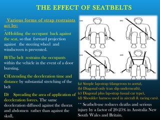 THE EFFECT OF SEATBELTS
(a) Simple lap-strap (dangerous to aorta),
(b) Diagonal only (can slip underneath),
(c) Diagonal plus lap-strap (usual car type),
(d) Shoulder harness used in aircraft & racing cars).
Various forms of strap restraints
act by:
A)Holding the occupant back against
the seat, so that forward projection
against the steering wheel and
windscreen is prevented.
B)The belt restrains the occupants
within the vehicle in the event of a door
bursting.
C)Extending the deceleration time and
distance by substantial stretching of the
belt
D) Spreading the area of application of
deceleration forces. The same
deceleration diffused against the thorax
and abdomen rather than against the
skull,
** Seatbelt-use reduces deaths and serious
injury by a factor of 20-25% in Australia New
South Wales and Britain.
 