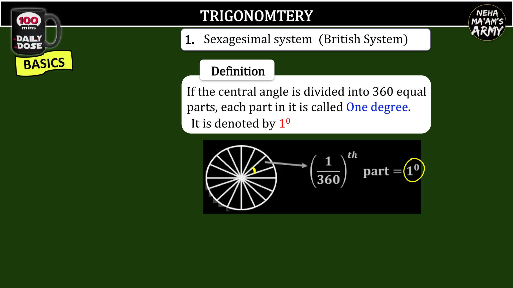 TRIGONOMTERY
Definition
1. Sexagesimal system (British System)
It is denoted by 10
If the central angle is divided into 360 equal
parts, each part in it is called One degree.
 