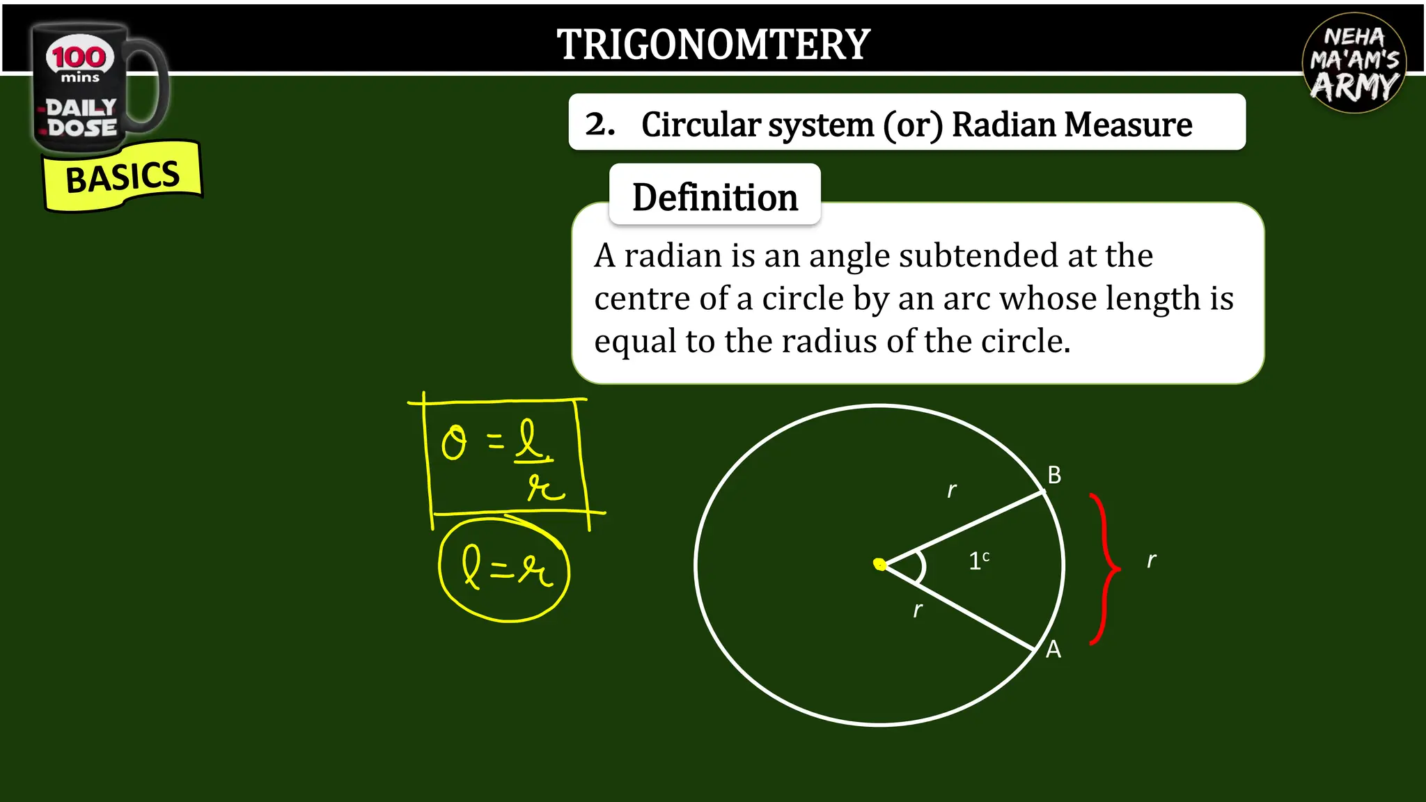 TRIGONOMTERY
Definition
A radian is an angle subtended at the
centre of a circle by an arc whose length is
equal to the radius of the circle.
r
B
A
r
r
1c
2. Circular system (or) Radian Measure
 