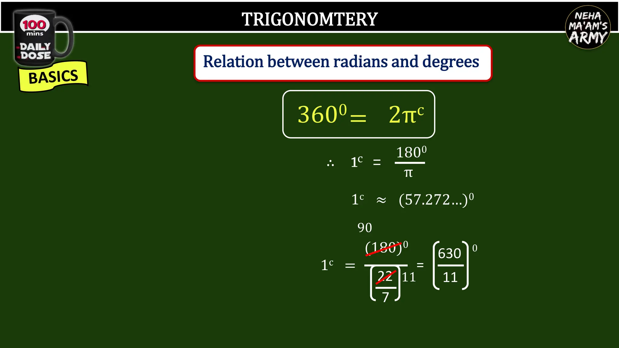 TRIGONOMTERY
Relation between radians and degrees
∴ 1c =
1800
π
1c ≈ (57.272…)0
3600
= 2πc
1c =
(180)0
22
7
=
0
11
630
90
11
 