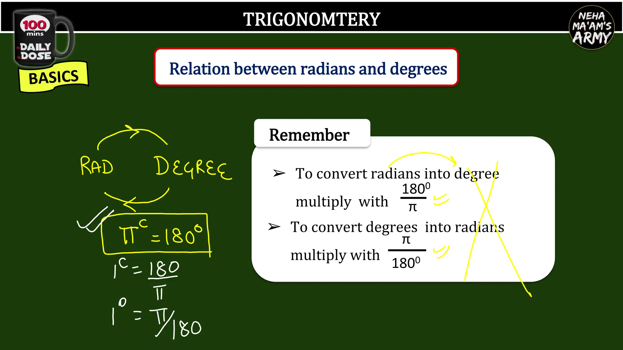 TRIGONOMTERY
Relation between radians and degrees
Remember
➢ To convert radians into degree
multiply with
➢ To convert degrees into radians
multiply with
π
1800
1800
π
 