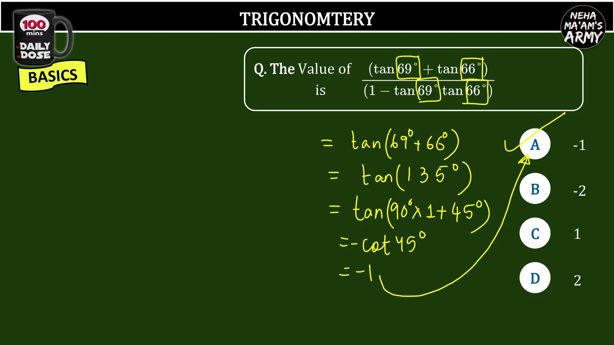 TRIGONOMTERY
A
B
D
C
-1
-2
1
2
Q. The Value of
is
 