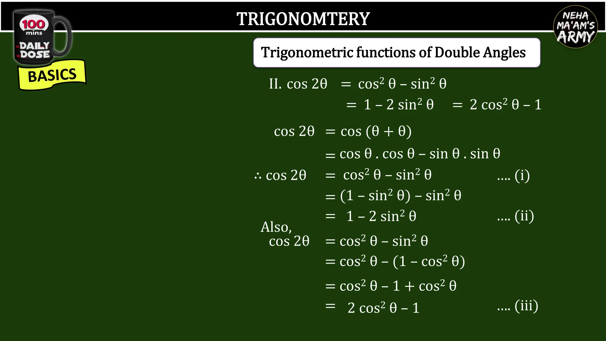 TRIGONOMTERY
II. cos 2θ = cos2 θ – sin2 θ
= 1 – 2 sin2 θ = 2 cos2 θ – 1
cos 2θ = cos (θ + θ)
= cos θ . cos θ – sin θ . sin θ
∴ cos 2θ = cos2 θ – sin2 θ …. (i)
= (1 – sin2 θ) – sin2 θ
…. (ii)
= 1 – 2 sin2 θ
Also,
cos 2θ = cos2 θ – sin2 θ
= cos2 θ – (1 – cos2 θ)
= cos2 θ – 1 + cos2 θ
= 2 cos2 θ – 1 …. (iii)
Trigonometric functions of Double Angles
 
