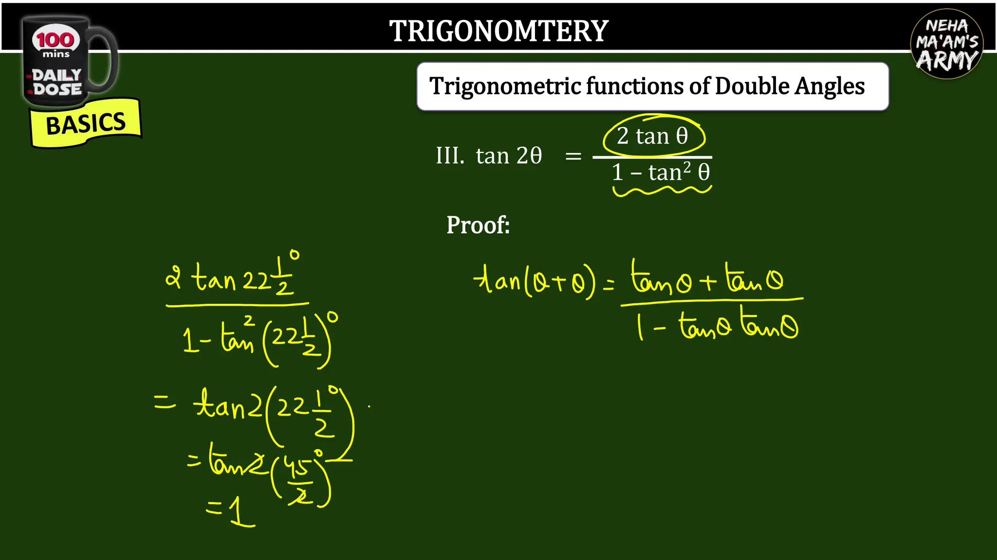 TRIGONOMTERY
III. tan 2θ =
2 tan θ
1 – tan2 θ
Proof:
Trigonometric functions of Double Angles
 