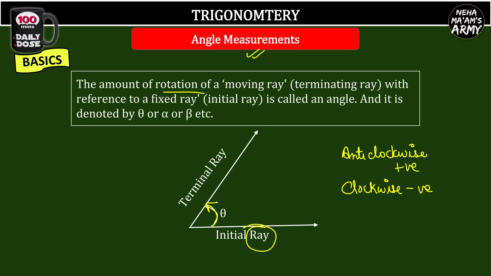 TRIGONOMTERY
Angle Measurements
The amount of rotation of a ‘moving ray' (terminating ray) with
reference to a fixed ray' (initial ray) is called an angle. And it is
denoted by θ or α or β etc.
θ
 