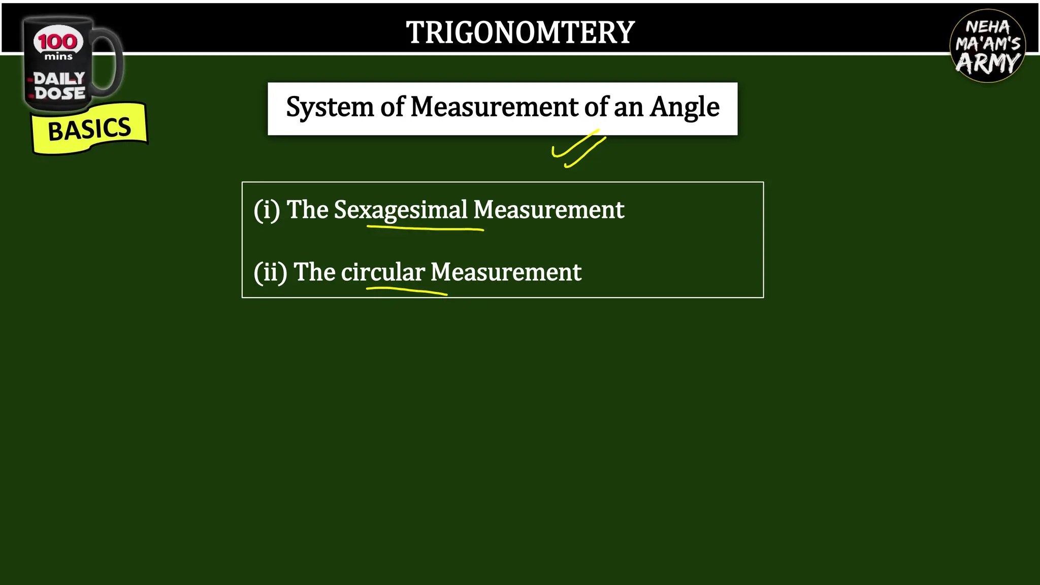 TRIGONOMTERY
System of Measurement of an Angle
(i) The Sexagesimal Measurement
(ii) The circular Measurement
 