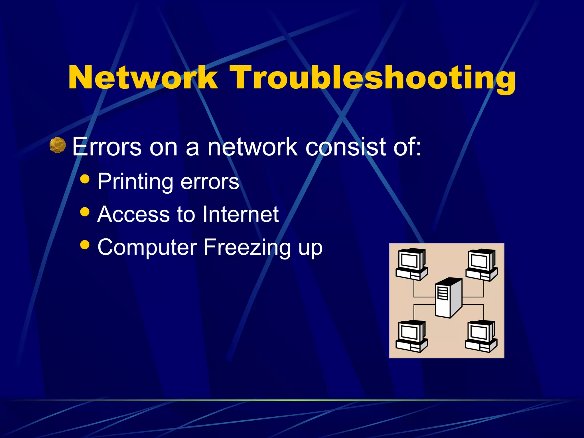 Network Troubleshooting

Errors on a network consist of:
 Printingerrors
 Access to Internet

 Computer Freezing up
 