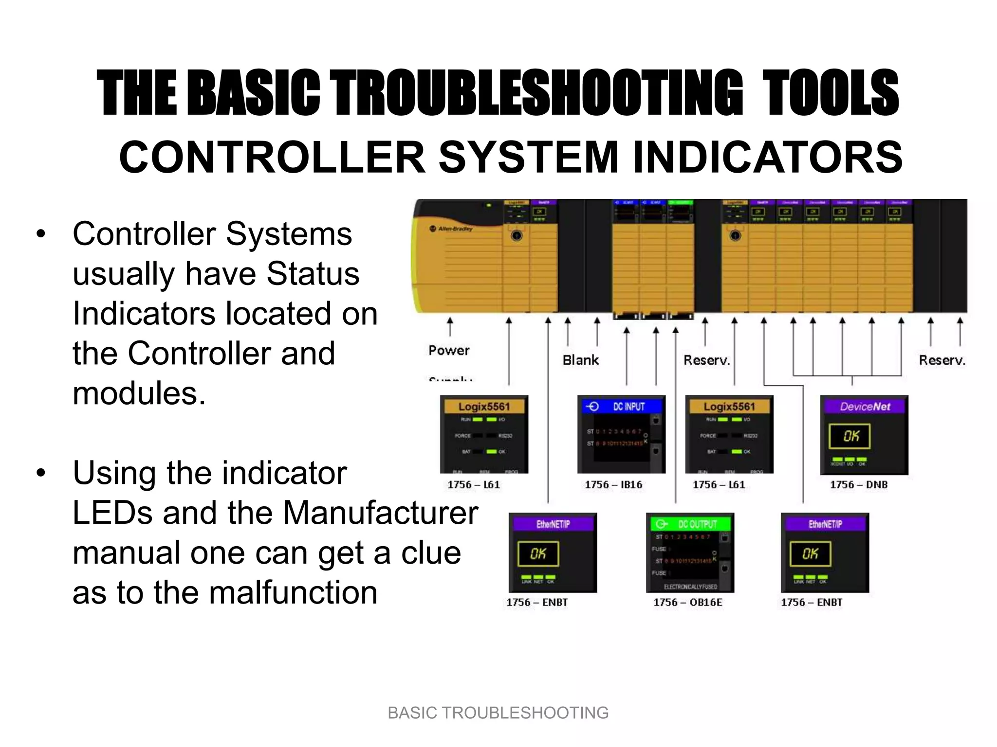 THE BASIC TROUBLESHOOTING TOOLS
     CONTROLLER SYSTEM INDICATORS
• Controller Systems
  usually have Status
  Indicators located on
  the Controller and
  modules.

• Using the indicator
  LEDs and the Manufacturer
  manual one can get a clue
  as to the malfunction


                          BASIC TROUBLESHOOTING
 