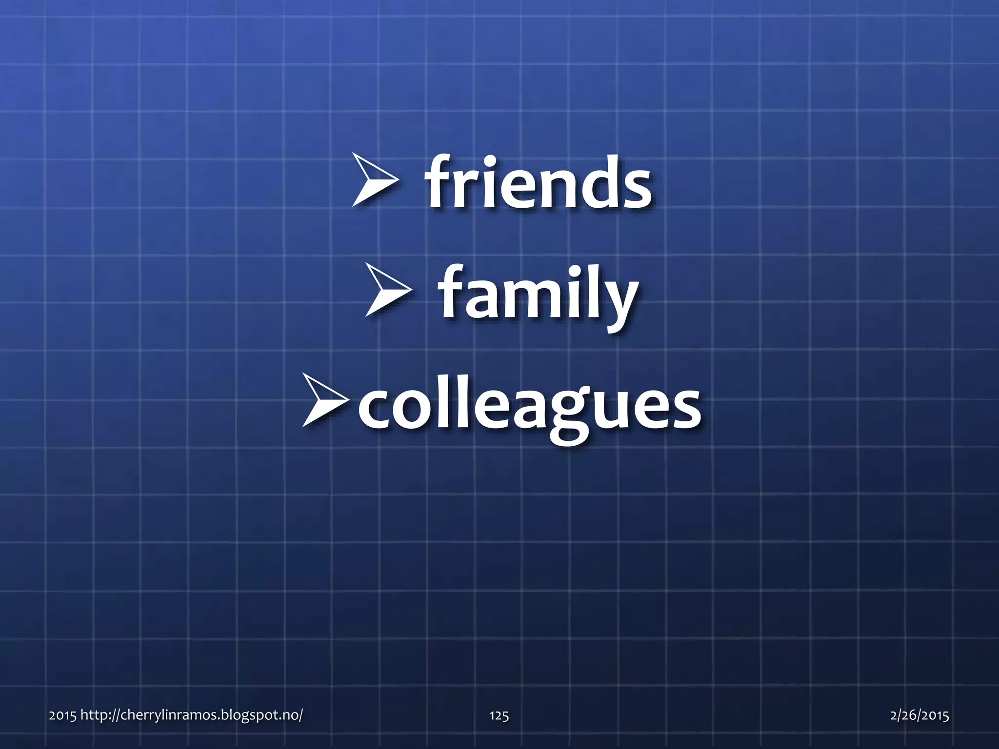  friends
 family
colleagues
2015 http://cherrylinramos.blogspot.no/ 125 2/26/2015
 