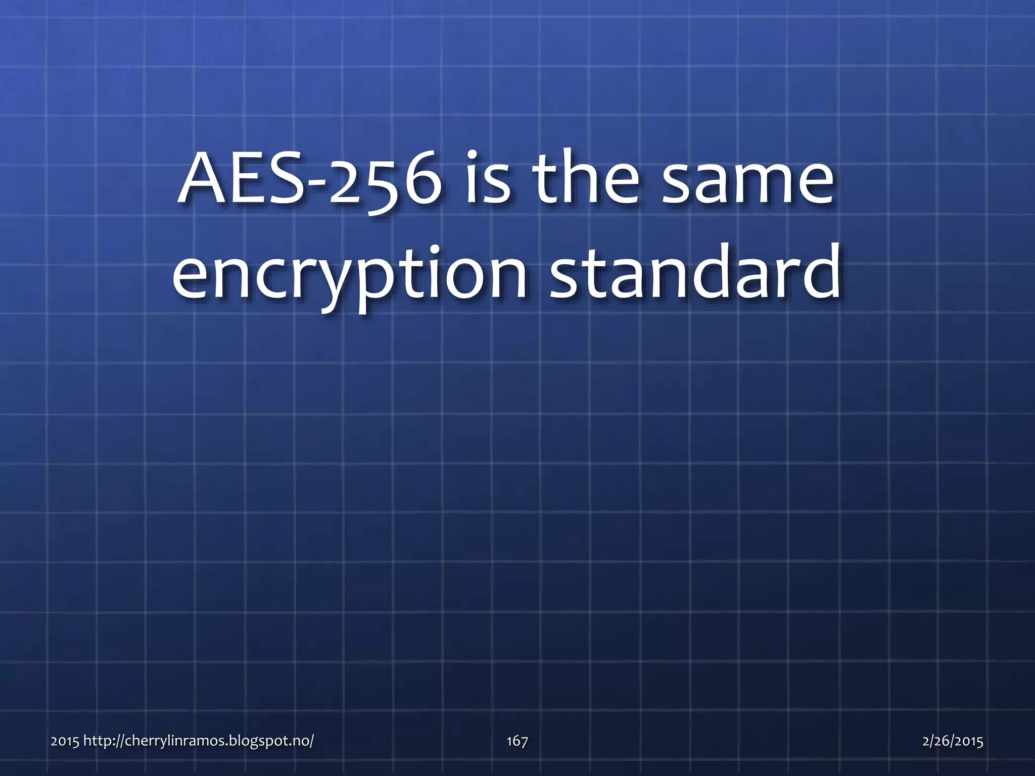 AES-256 is the same
encryption standard
2015 http://cherrylinramos.blogspot.no/ 167 2/26/2015
 