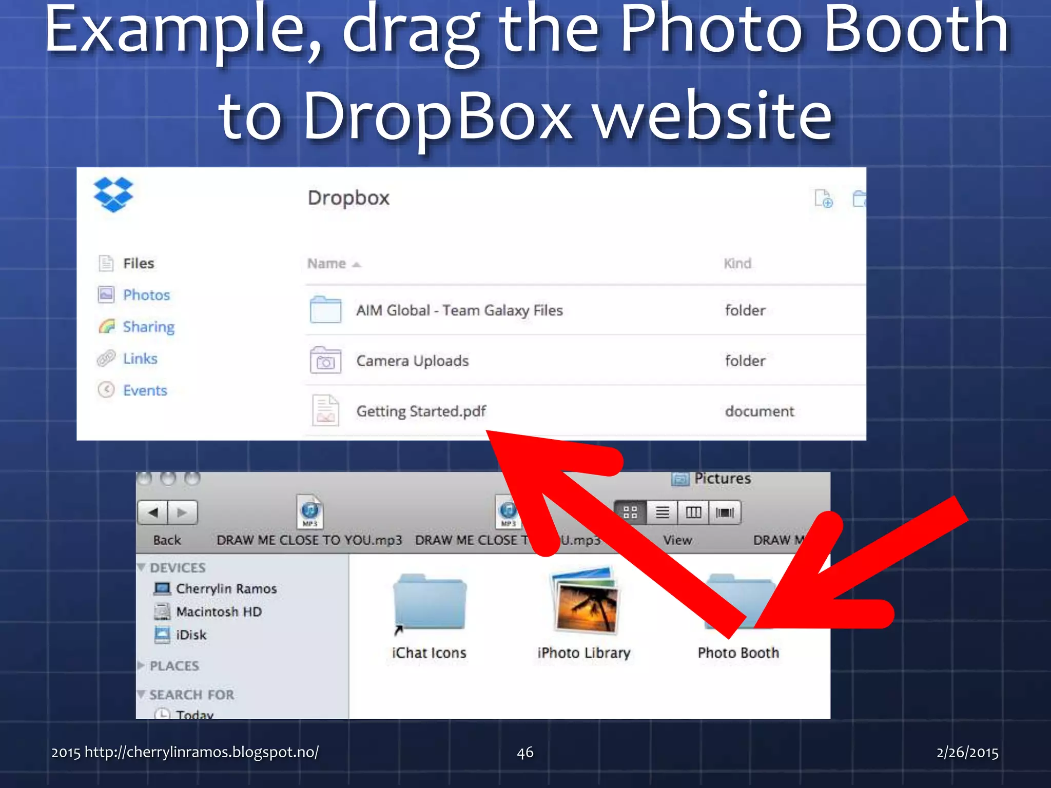 Example, drag the Photo Booth
to DropBox website
2015 http://cherrylinramos.blogspot.no/ 46 2/26/2015
 