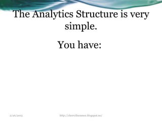 The Analytics Structure is very
simple.
2/26/2015 http://cherrylinramos.blogspot.no/
You have:
 
