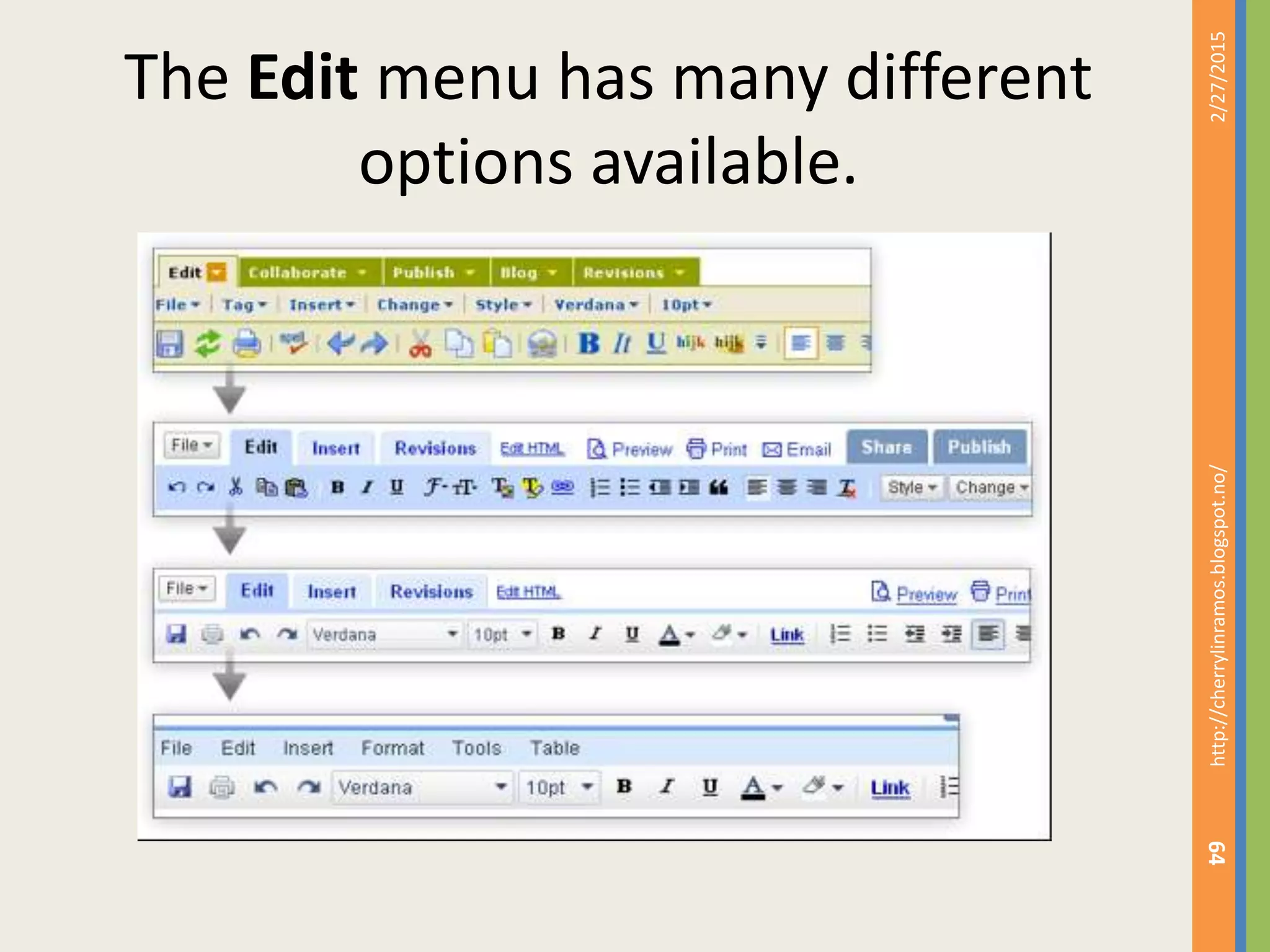 2/27/2015http://cherrylinramos.blogspot.no/
64
The Edit menu has many different
options available.
 