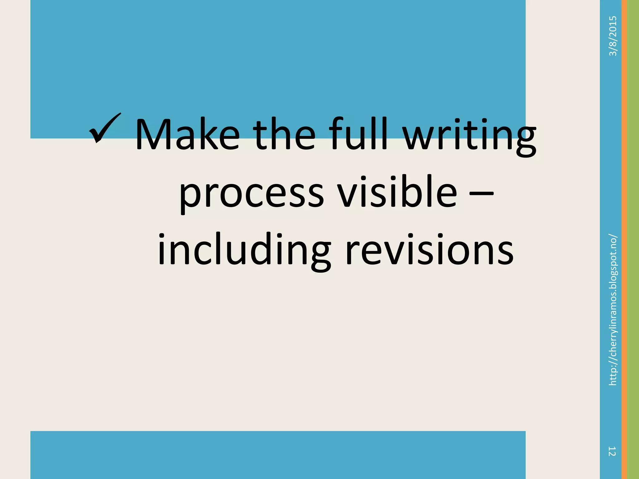 3/8/2015http://cherrylinramos.blogspot.no/
12
 Make the full writing
process visible &ndash;
including revisions
 