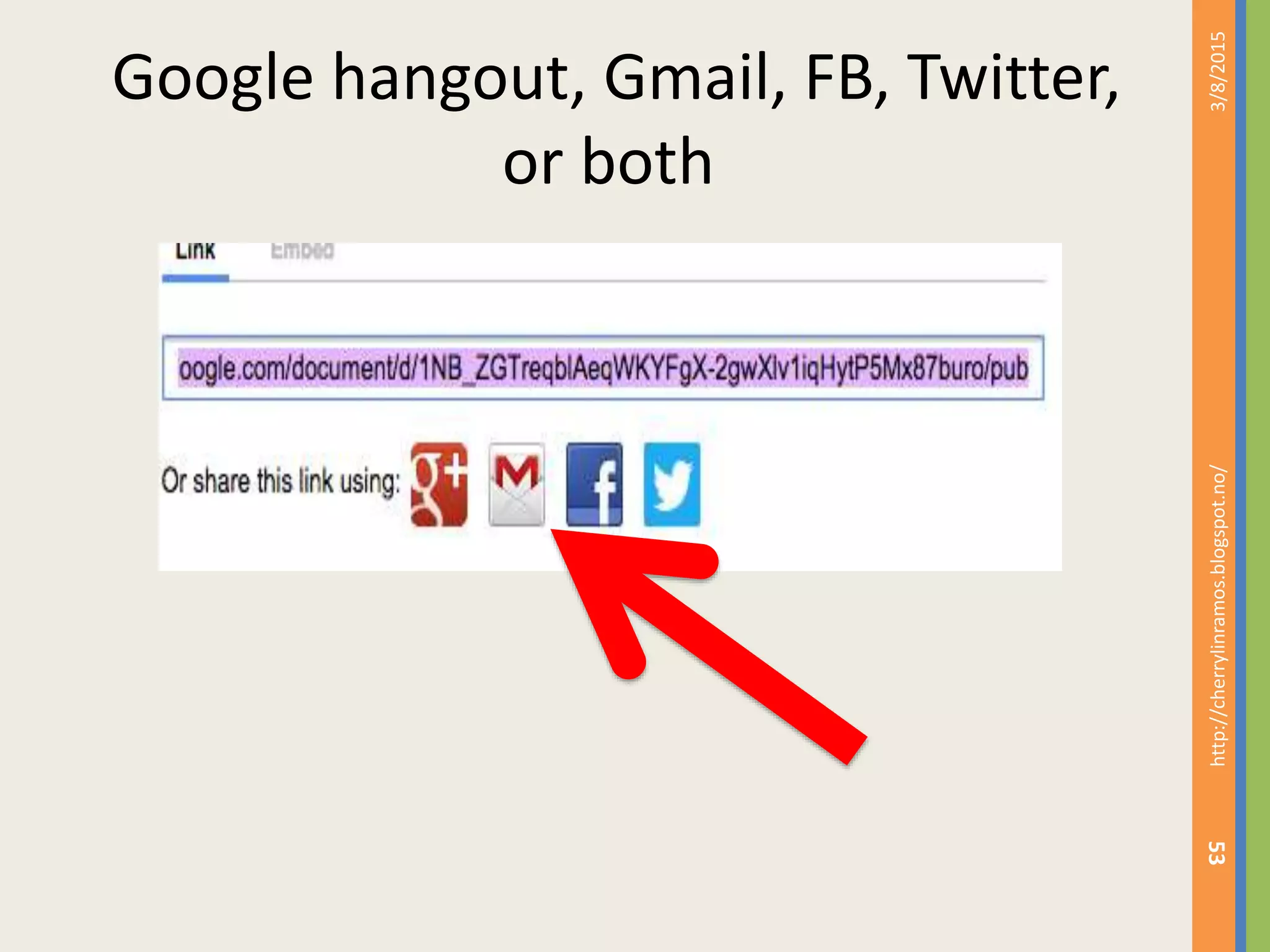 Google hangout, Gmail, FB, Twitter,
or both
3/8/2015http://cherrylinramos.blogspot.no/
53
 