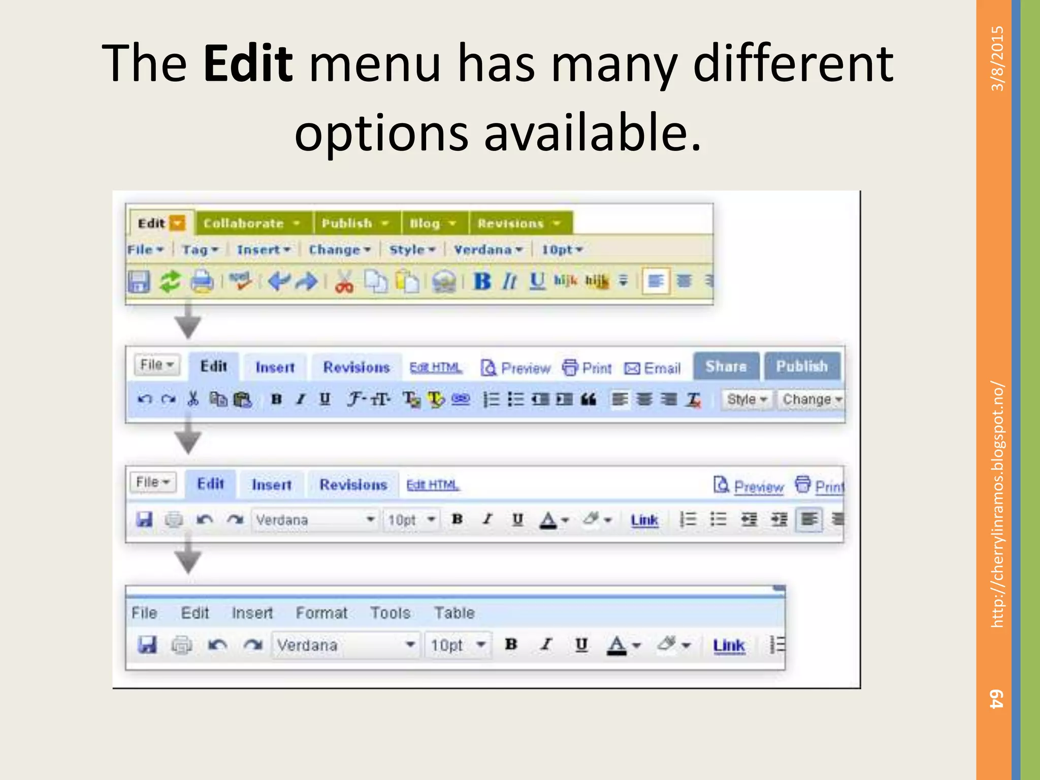 3/8/2015http://cherrylinramos.blogspot.no/
64
The Edit menu has many different
options available.
 
