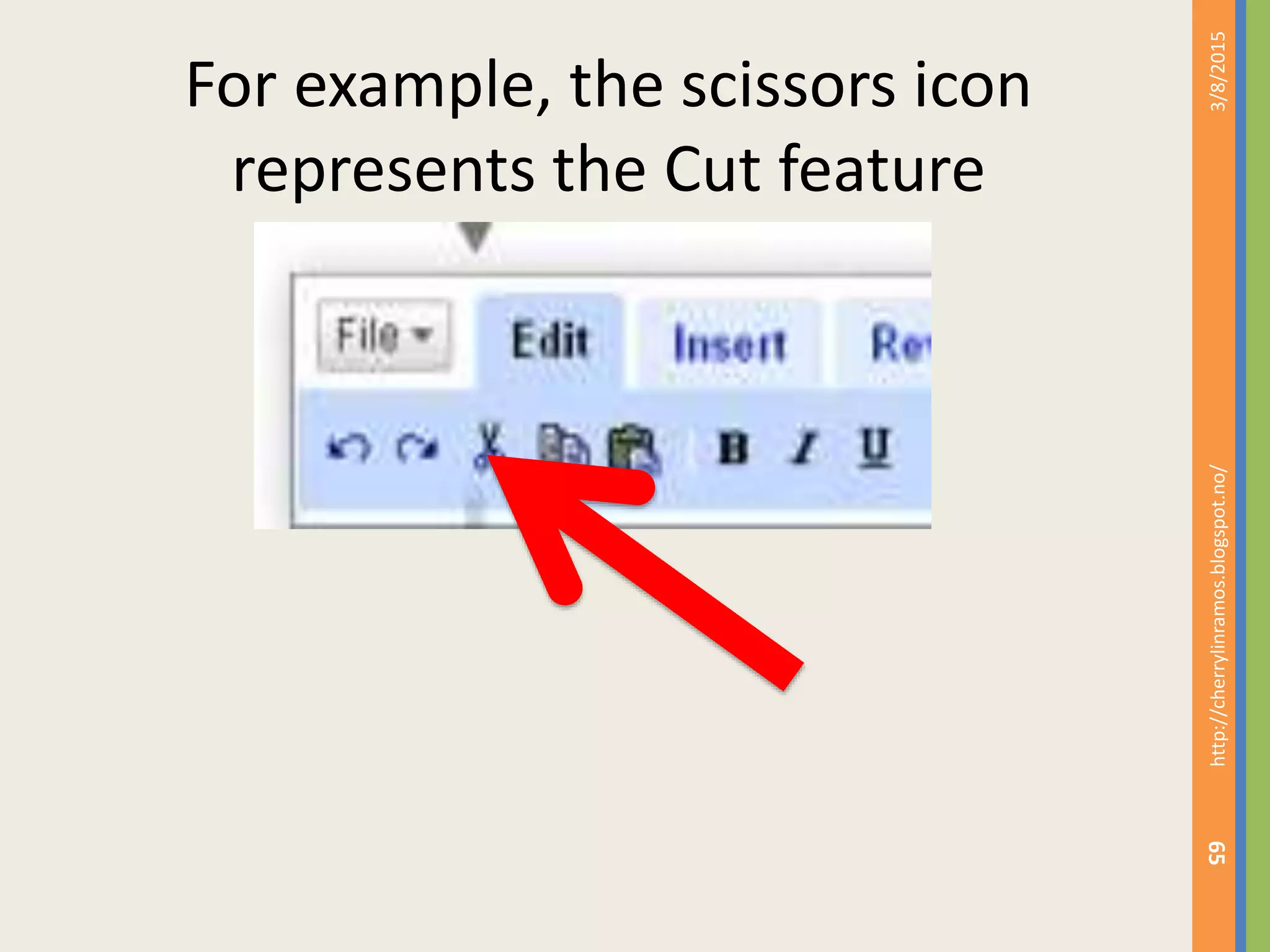 3/8/2015http://cherrylinramos.blogspot.no/
65
For example, the scissors icon
represents the Cut feature
 