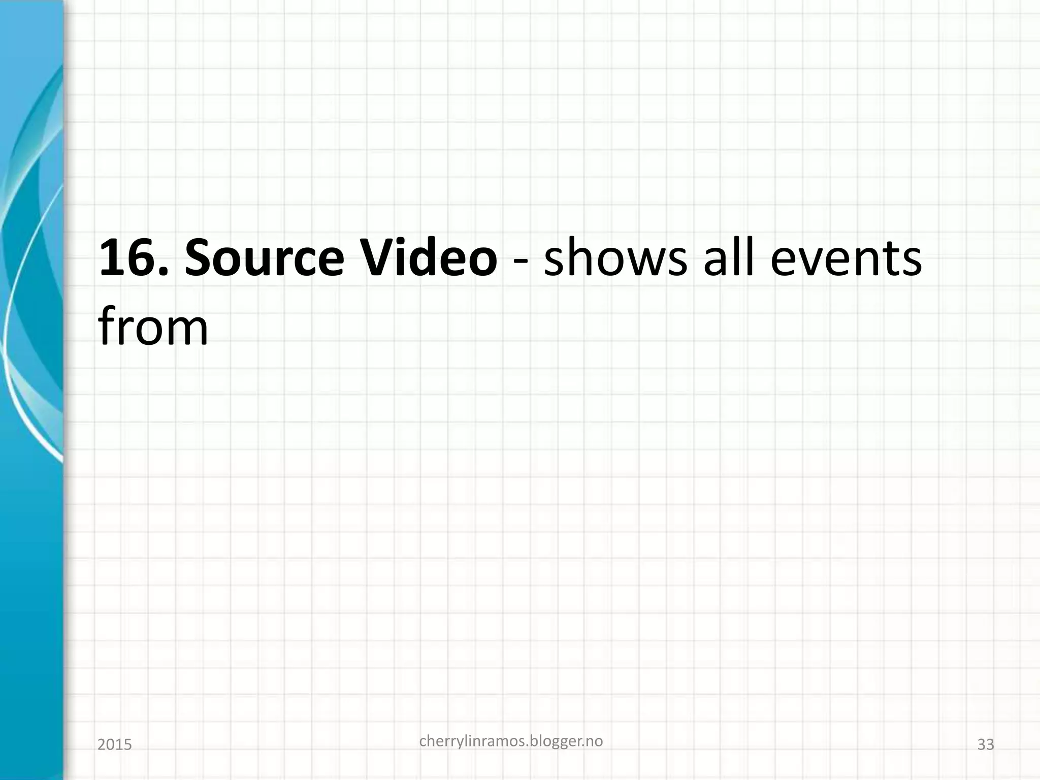 16. Source Video - shows all events
from
cherrylinramos.blogger.no2015 33
 