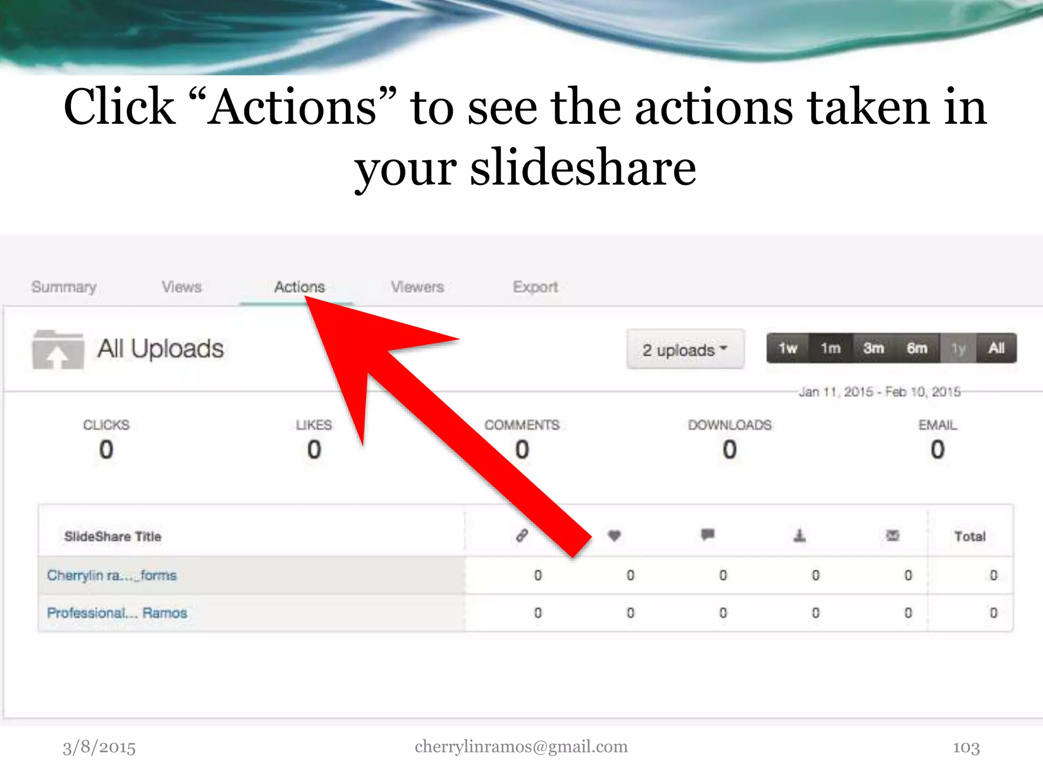 Click “Actions” to see the actions taken in
your slideshare
3/8/2015 cherrylinramos@gmail.com 103
 