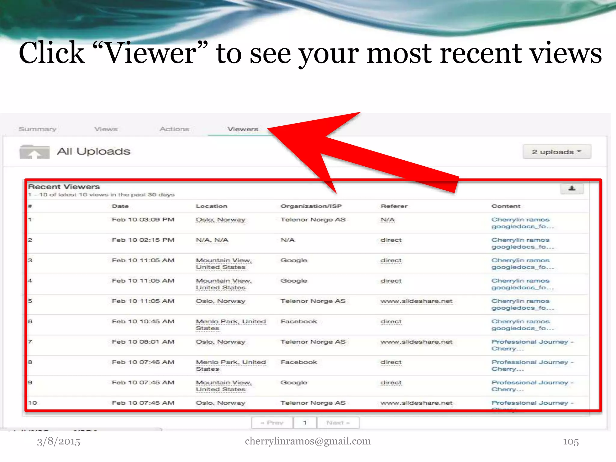 Click “Viewer” to see your most recent views
3/8/2015 cherrylinramos@gmail.com 105
 