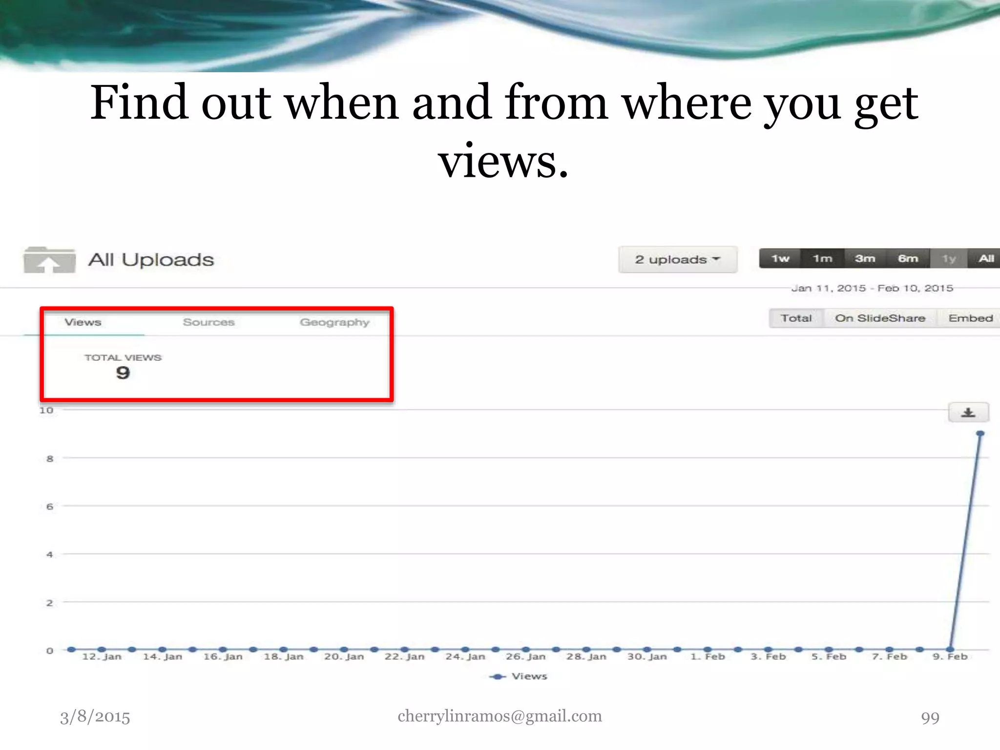 Find out when and from where you get
views.
3/8/2015 cherrylinramos@gmail.com 99
 