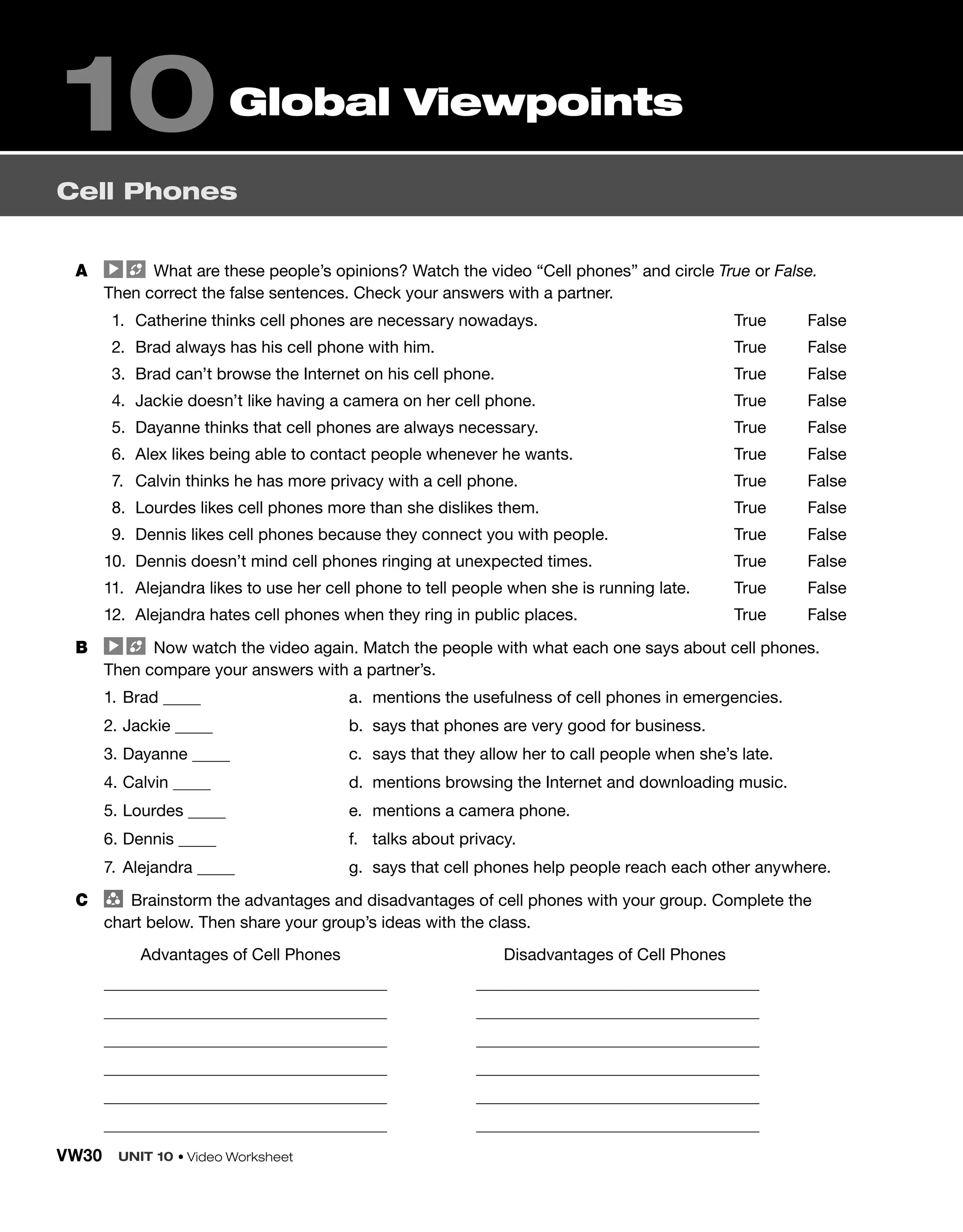 VW30 UNIT 10 • Video Worksheet
A What are these people’s opinions? Watch the video “Cell phones” and circle True or False.
Then correct the false sentences. Check your answers with a partner.
1. Catherine thinks cell phones are necessary nowadays.
2. Brad always has his cell phone with him.
3. Brad can’t browse the Internet on his cell phone.
4. Jackie doesn’t like having a camera on her cell phone.
5. Dayanne thinks that cell phones are always necessary.
6. Alex likes being able to contact people whenever he wants.
7. Calvin thinks he has more privacy with a cell phone.
8. Lourdes likes cell phones more than she dislikes them.
9. Dennis likes cell phones because they connect you with people.
10. Dennis doesn’t mind cell phones ringing at unexpected times.
11. Alejandra likes to use her cell phone to tell people when she is running late.
12. Alejandra hates cell phones when they ring in public places.
True False
True False
True False
True False
True False
True False
True False
True False
True False
True False
True False
True False
B Now watch the video again. Match the people with what each one says about cell phones.
Then compare your answers with a partner’s.
1. Brad
2. Jackie
3. Dayanne
4. Calvin
5. Lourdes
6. Dennis
7. Alejandra
a. mentions the usefulness of cell phones in emergencies.
b. says that phones are very good for business.
c. says that they allow her to call people when she’s late.
d. mentions browsing the Internet and downloading music.
e. mentions a camera phone.
f. talks about privacy.
g. says that cell phones help people reach each other anywhere.
C group
Brainstorm the advantages and disadvantages of cell phones with your group. Complete the
chart below. Then share your group’s ideas with the class.
Advantages of Cell Phones Disadvantages of Cell Phones
Cell Phones
10Global Viewpoints
 