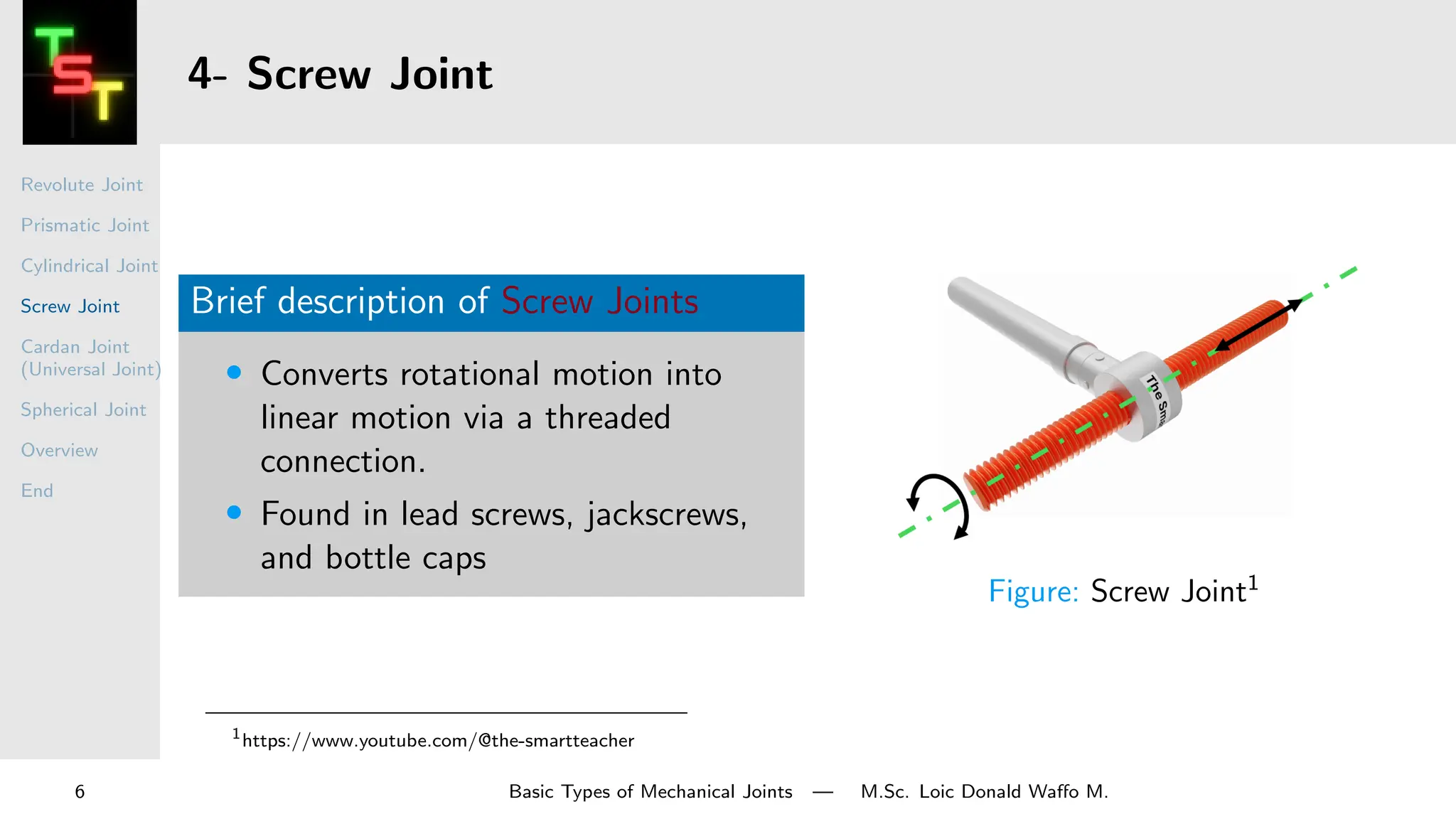 Revolute Joint
Prismatic Joint
Cylindrical Joint
Screw Joint
Cardan Joint
(Universal Joint)
Spherical Joint
Overview
End
4- Screw Joint
Brief description of Screw Joints
• Converts rotational motion into
linear motion via a threaded
connection.
• Found in lead screws, jackscrews,
and bottle caps
Figure: Screw Joint1
1
https://www.youtube.com/@the-smartteacher
6 Basic Types of Mechanical Joints — M.Sc. Loic Donald Waffo M.
 