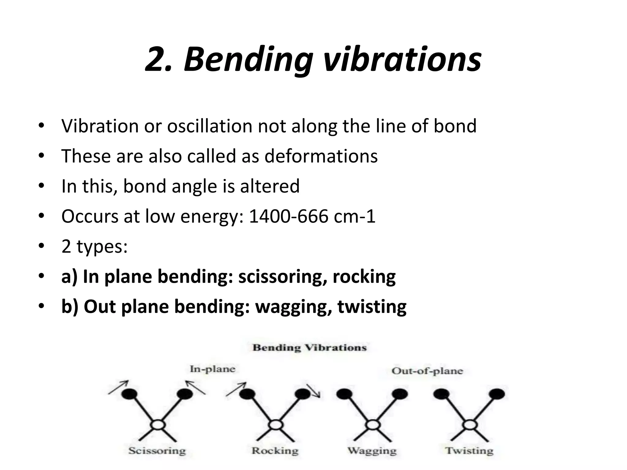 2. Bending vibrations
• Vibration or oscillation not along the line of bond
• These are also called as deformations
• In this, bond angle is altered
• Occurs at low energy: 1400-666 cm-1
• 2 types:
• a) In plane bending: scissoring, rocking
• b) Out plane bending: wagging, twisting
 