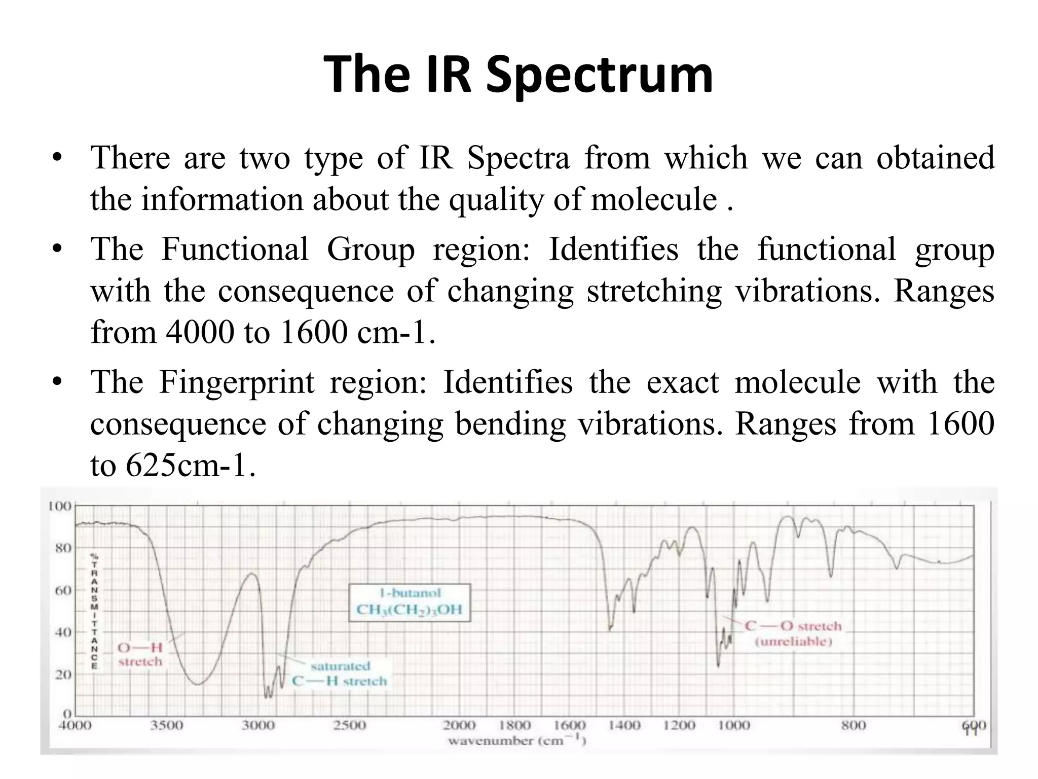 The IR Spectrum
• There are two type of IR Spectra from which we can obtained
the information about the quality of molecule .
• The Functional Group region: Identifies the functional group
with the consequence of changing stretching vibrations. Ranges
from 4000 to 1600 cm-1.
• The Fingerprint region: Identifies the exact molecule with the
consequence of changing bending vibrations. Ranges from 1600
to 625cm-1.
 