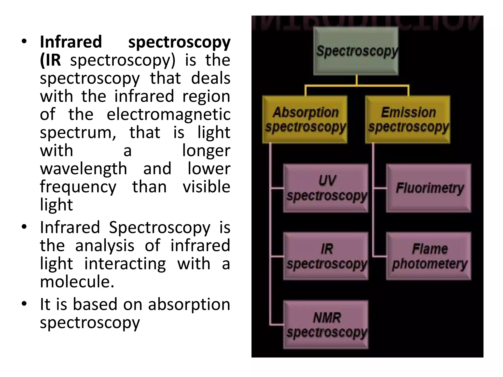 • Infrared spectroscopy
(IR spectroscopy) is the
spectroscopy that deals
with the infrared region
of the electromagnetic
spectrum, that is light
with a longer
wavelength and lower
frequency than visible
light
• Infrared Spectroscopy is
the analysis of infrared
light interacting with a
molecule.
• It is based on absorption
spectroscopy
 