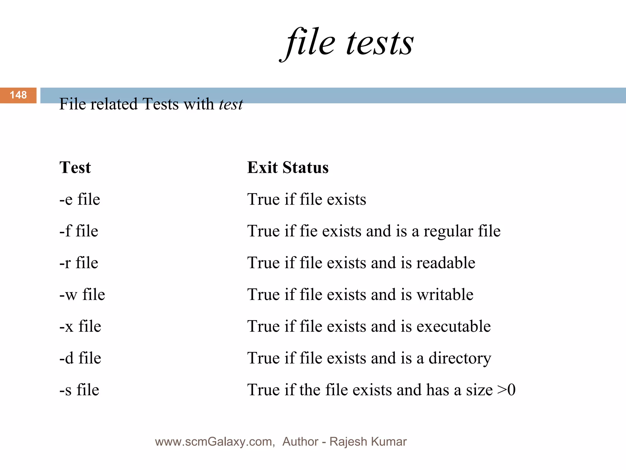 file tests File related Tests with  test Test Exit Status -e file True if file exists -f file True if fie exists and is a regular file -r file True if file exists and is readable -w file True if file exists and is writable -x file True if file exists and is executable -d file True if file exists and is a directory -s file True if the file exists and has a size >0 www.scmGalaxy.com,  Author - Rajesh Kumar 