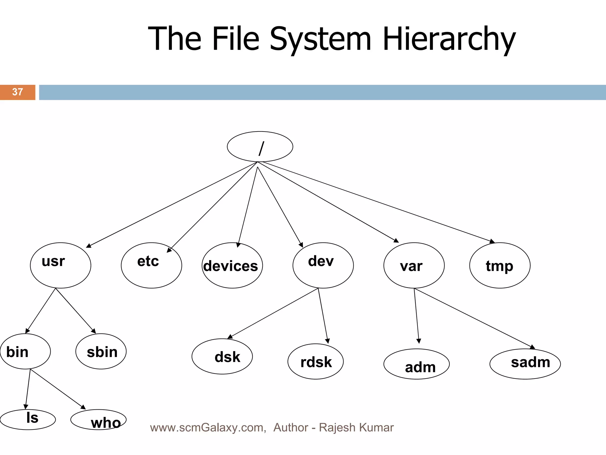 The File System Hierarchy / usr etc devices dev var tmp bin sbin ls who adm sadm dsk rdsk www.scmGalaxy.com,  Author - Rajesh Kumar 