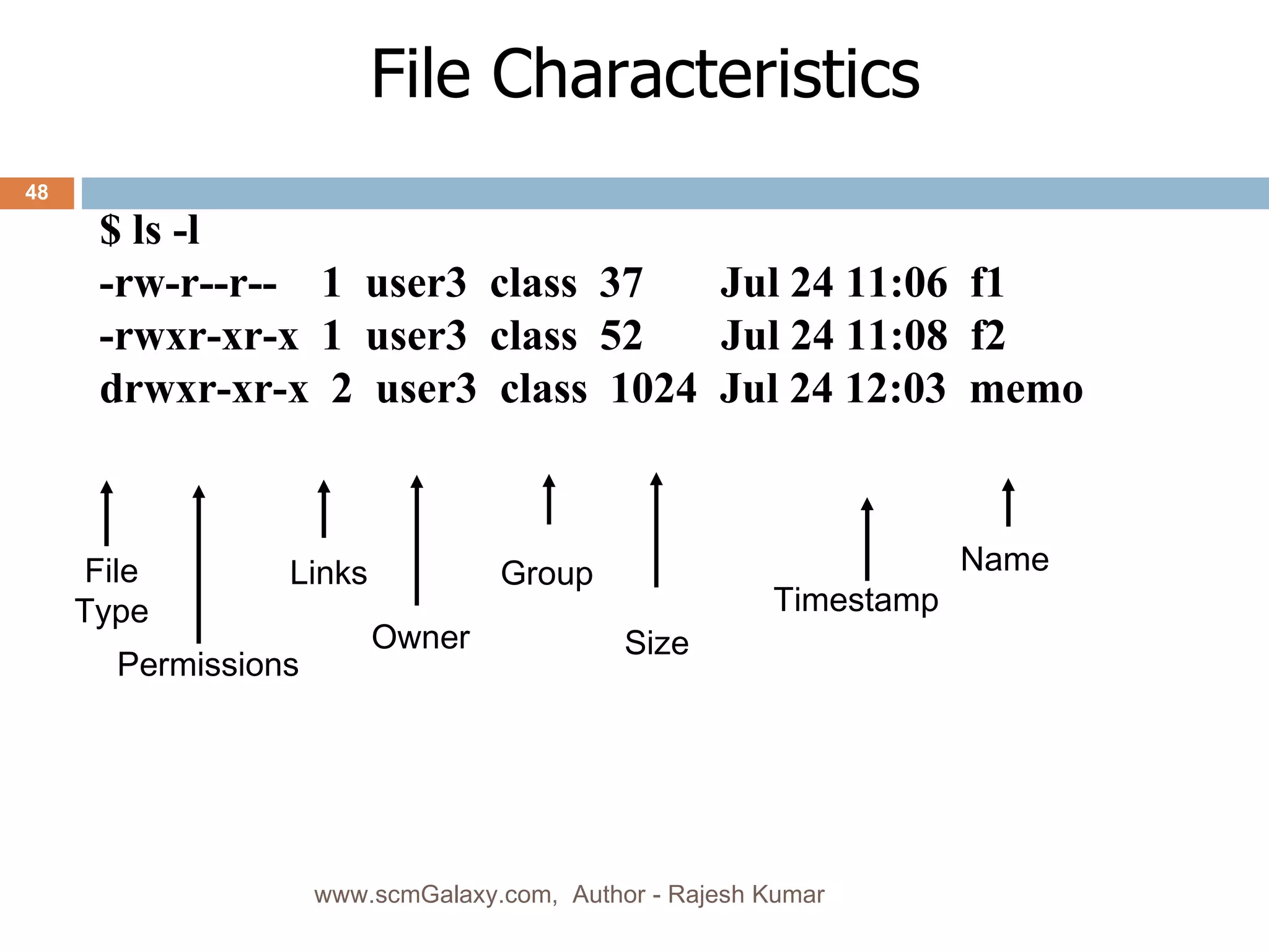 File Characteristics File Type Permissions Links Owner Group Size Timestamp Name $ ls -l  -rw-r--r--  1  user3  class  37  Jul 24 11:06  f1 -rwxr-xr-x  1  user3  class  52  Jul 24 11:08  f2 drwxr-xr-x  2  user3  class  1024  Jul 24 12:03  memo www.scmGalaxy.com,  Author - Rajesh Kumar 