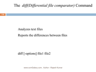 The  diff(Differential file comparator)  Command Analyzes text files Reports the differences between files diff [-options] file1 file2 www.scmGalaxy.com,  Author - Rajesh Kumar 